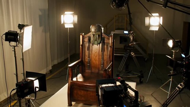 An electric chair is being filmed in a studio with multiple lights and camera equipment