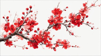 Vibrant red blossoms on tree branch watercolor painting
