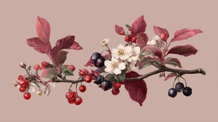 Vintage cherry blossom branch with red and dark berries