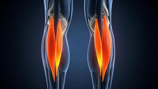 Human leg anatomy illustration showing glowing calf muscles and bones