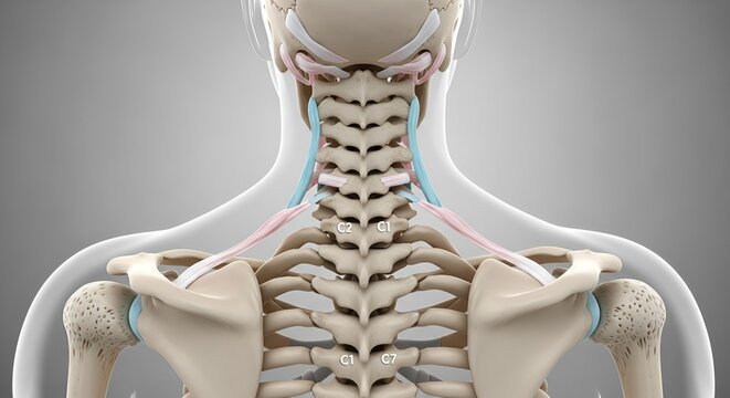 Human upper body skeleton with visible spine, neck, and shoulder bones.