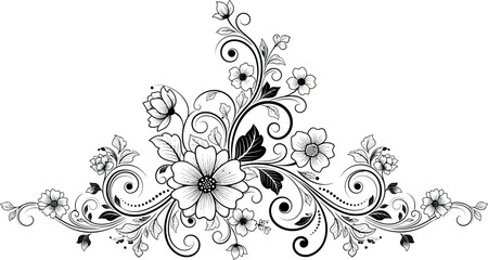 Black and white floral with swirling lines and flowers