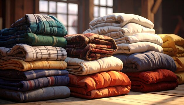 Photorealistic DSLR capture of FlyPro Firefly's assorted blankets made of warm, insulating material, neatly folded and stacked in a cozy display.