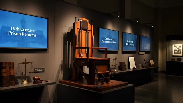Museum exhibit featuring an electric chair on display with prison reform screens in a dimly lit gallery