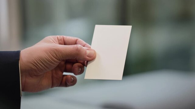 Close-up of a hand holding a blank white business card, ready for custom text or logo.