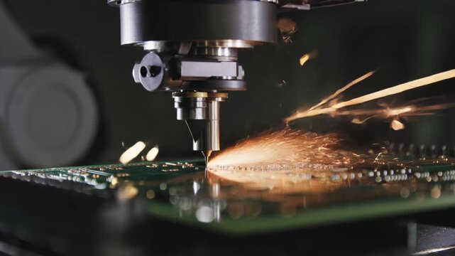 Automated Robotic Arm Precision Soldering on Circuit Board in Electronics Manufacturing.