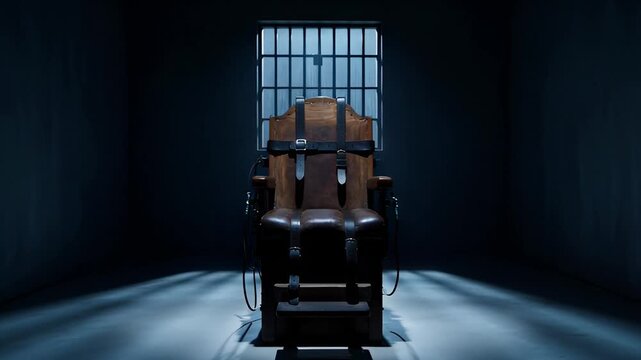 A lone electric chair stands in a dimly lit room with a spotlight, symbolizing justice and punishment