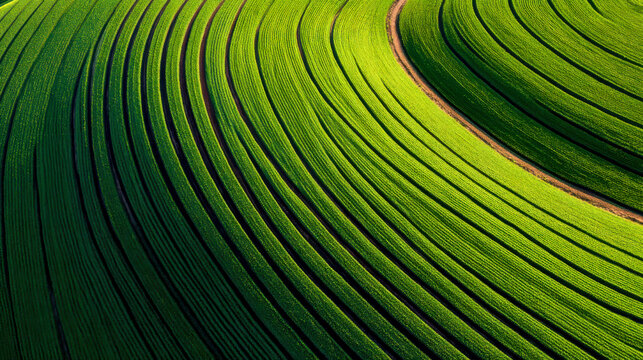 Aerial View of Lush Green Agricultural Fields with Winding Rows