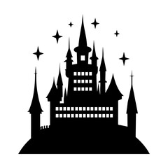Fototapeta premium Fairy Tale Medieval Castle Silhouette with Starry Night Sky.