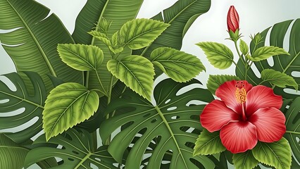 Obraz premium Lush, digitally rendered tropical foliage with vibrant red hibiscus bloom against a gradient