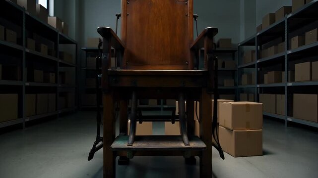An old electric chair stands alone in a dimly lit storage room with stacked boxes around it