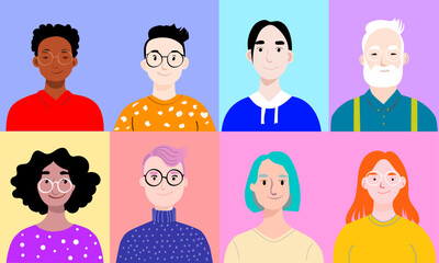Retrato de medio cuerpo de personas de diferentes razas. Vector de personas diferentes con colores llamativos. Set de iconos de personas © BONI