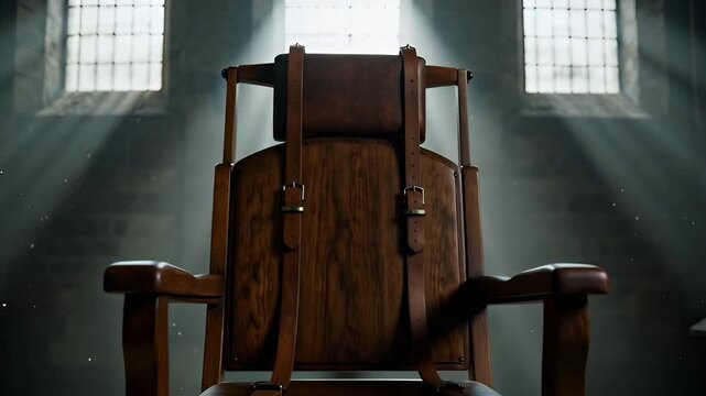 An old wooden electric chair stands alone in a dimly lit prison cell with sunlight streaming through barred windows