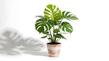 Fototapeta premium Lush, vibrant Swiss cheese plant (Monstera deliciosa) in a clay pot, casting shadow