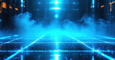 Fototapeta premium Futuristic grid floor, glowing blue lines, smoke effects. Dark environment creates digital atmosphere. Intense light source visible.