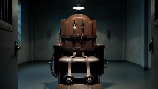 A dimly lit prison cell with an electric chair centered under a single overhead light, showcasing execution justice, prison, chair, law, punishment