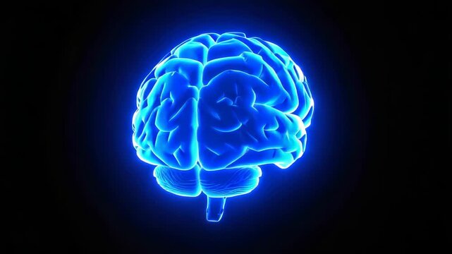 Glowing blue brain hologram with detailed convolutions against black background
