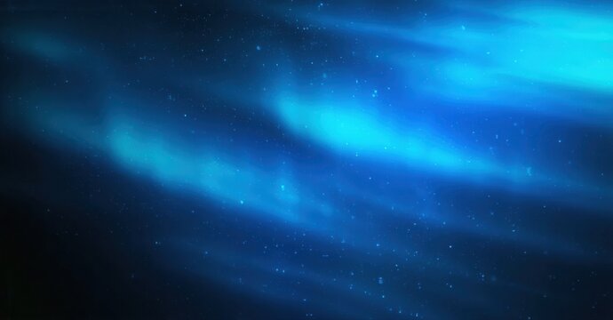 Vibrant blue aurora borealis streaks across dark night sky. Stars shimmer, creating ethereal, captivating scene.