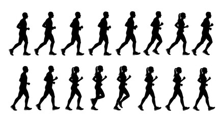 Fototapeta premium running and walking silhouettes of men and women depicting a motion sequence for fitness exercise and active lifestyle concepts.