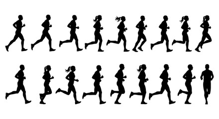 Fototapeta premium running silhouettes of diverse male and female athletes in dynamic poses illustrating fitness health active lifestyle and exercise promotion.