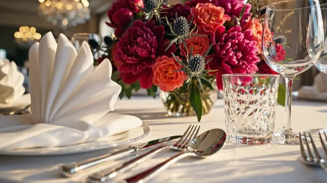 Elegant table setting with vibrant floral centerpiece and formal dining accessories for a special occasion