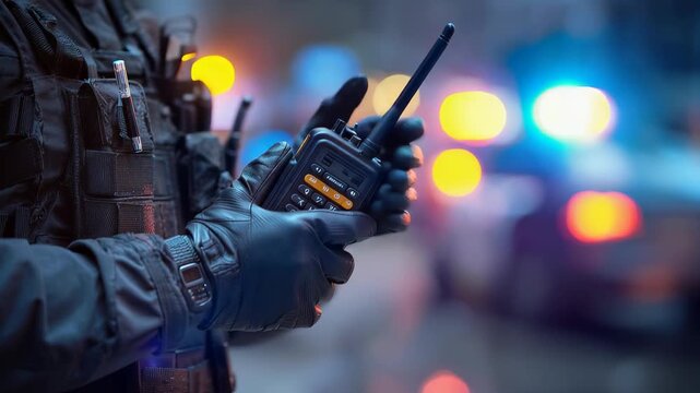 Closeup of a police officer in uniform holding a radio during a night patrol in a city environment with blurred lights in the background