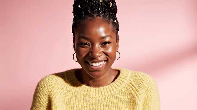A joyful portrait of a young woman, radiating positivity and confidence. Ideal for marketing campaigns focusing on beauty, self-care, or diverse repre
