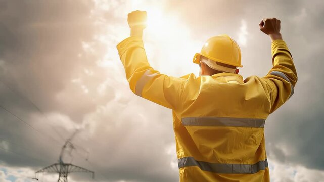 Construction workers celebrate success at a job site under a bright sky after completing a challenging project in the early evening