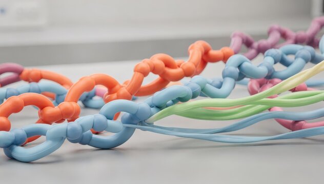 Medium shot closeup of rubber molecular models highlighting loose polymer chains showcasing flexible and unlinked structural arrangement in a scientific illustrative setup.