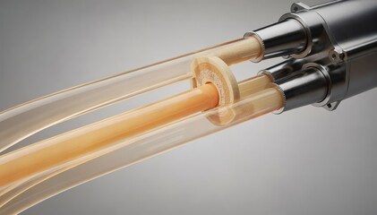 Naklejka premium Medium shot of twin polymer streams extruding simultaneously to create sheathcore bicomponent fibers showcasing the layered structure for enhanced strength and texture effects.