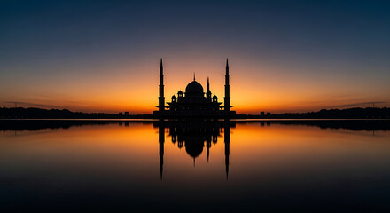 Silhouette of a grand mosque reflected in water at sunset.