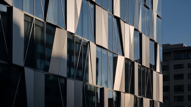 Modern building facade with angular geometric panels and reflective glass windows