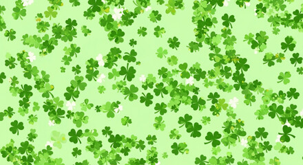 Vibrant green shamrocks scattered randomly on light green background creating a festive and lively st patrick's day pattern perfect for holiday designs and decorations