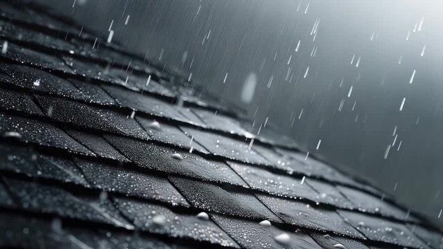 Rain falls steadily on a textured roof, creating a serene and tranquil atmosphere during a cloudy day