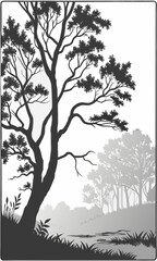 Obraz premium Tall tree silhouette against a bright sky with smaller trees and a path in the background.