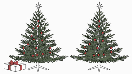 Two festive Christmas trees with ornaments and a gift box.
