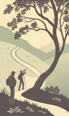 Two hikers on a winding mountain trail under a large tree.