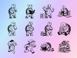 Cute Cartoon Turtle Character Studying and Learning Collection. Educational Concept Vector Set.