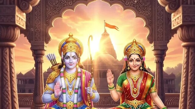 Indian Gods Ram and Sita in Temple, Hindu Religious Art, Archways and Holy Shrine at Sunset