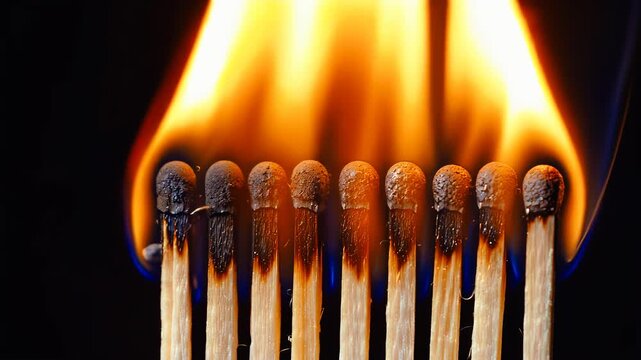 Sequence of matchsticks igniting, showing progression from flame initiation to full combustion against a dark background, highlighting the fire's movement and smoke