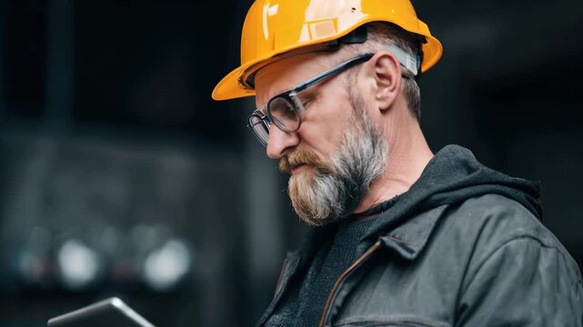 Construction worker wearing a hard hat checking plans on a tablet while standing at a job site