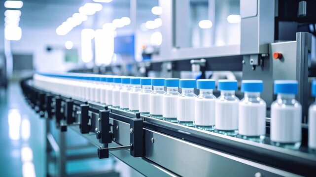 Automated pharmaceutical production line with rows of sealed glass vials on a conveyor belt