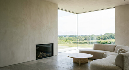 Fototapeta premium A modern living room with a fireplace and large windows overlooking a green landscape.