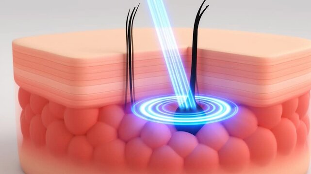 A 3d illustration of a laser hair removal treatment on human skin with hair follicles and a glowing blue beam targeting the root