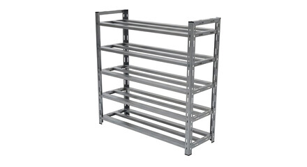 Metal shelving unit with multiple horizontal bars on white background for storage