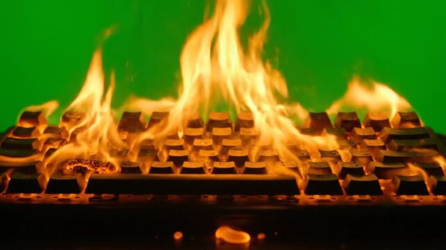 Burning computer keyboard on fire against green background