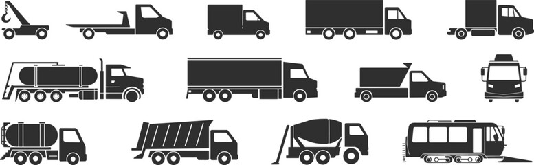 Set of logistics truck icons, flat vector silhouettes for delivery transport construction service vehicles collection commercial fleet shipping cargo industry © Mst