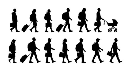 Fototapeta premium silhouettes of diverse people walking some with luggage briefcases and a baby stroller illustrating concepts of travel daily commutes and urban life.