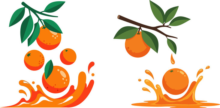 Orange fruit and juice splash vector illustration set. Includes oranges on branches and falling into juice splashes. Created in flat cartoon style with orange and green palette.