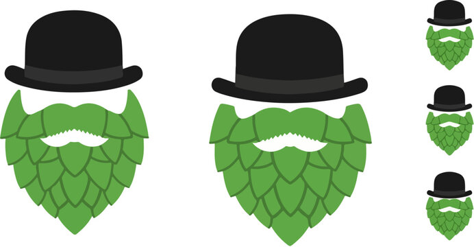 St Patrick's Day hop beard and bowler hat collection. Includes two main designs of hop beards with bowler hats and three smaller variations. Created in a flat vector style with a green and black